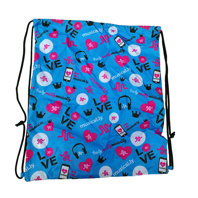 Blue Drawstringbag made of nylon with text musical.ly